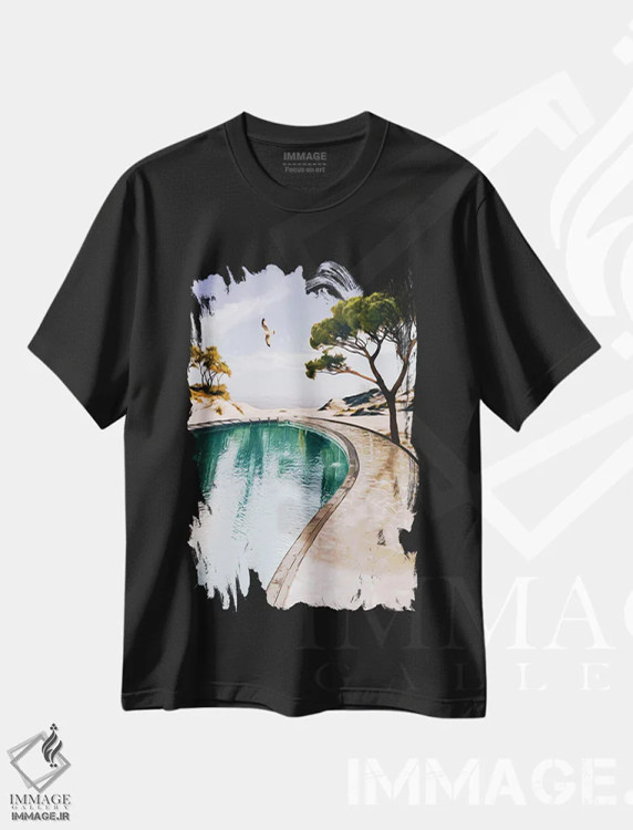 تیشرت مشکی طرح دار استخر با چشم انداز به اقیانوس، مدیوم اثر ایوجنیا بیدیوک | فروشگاه ایماژ