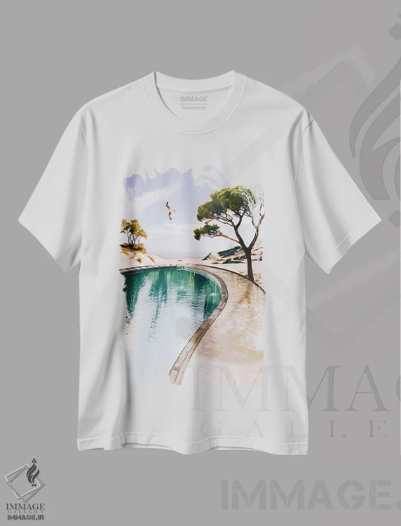 تیشرت سفید طرح دار استخر با چشم انداز به اقیانوس، مدیوم اثر ایوجنیا بیدیوک | immage.ir