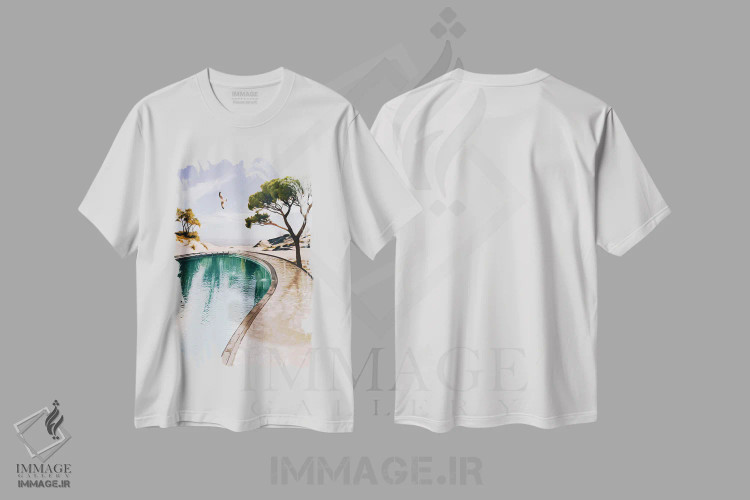 تیشرت سفید طرح دار استخر با چشم انداز به اقیانوس، مدیوم اثر ایوجنیا بیدیوک | immage.ir