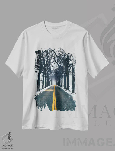 تیشرت سفید طرح دار مسیر برفی در میان تونل درختان، مدیوم اثر ایوجنیا بیدیوک | فروشگاه ایماژ