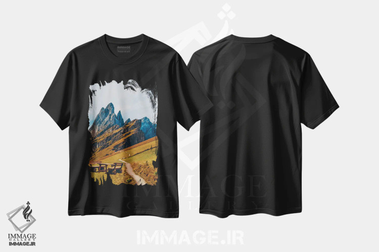 تیشرت مشکی طرح دار میز و صندلی چوبی در کوهستان، مدیوم اثر ایوجنیا بیدیوک | immage.ir