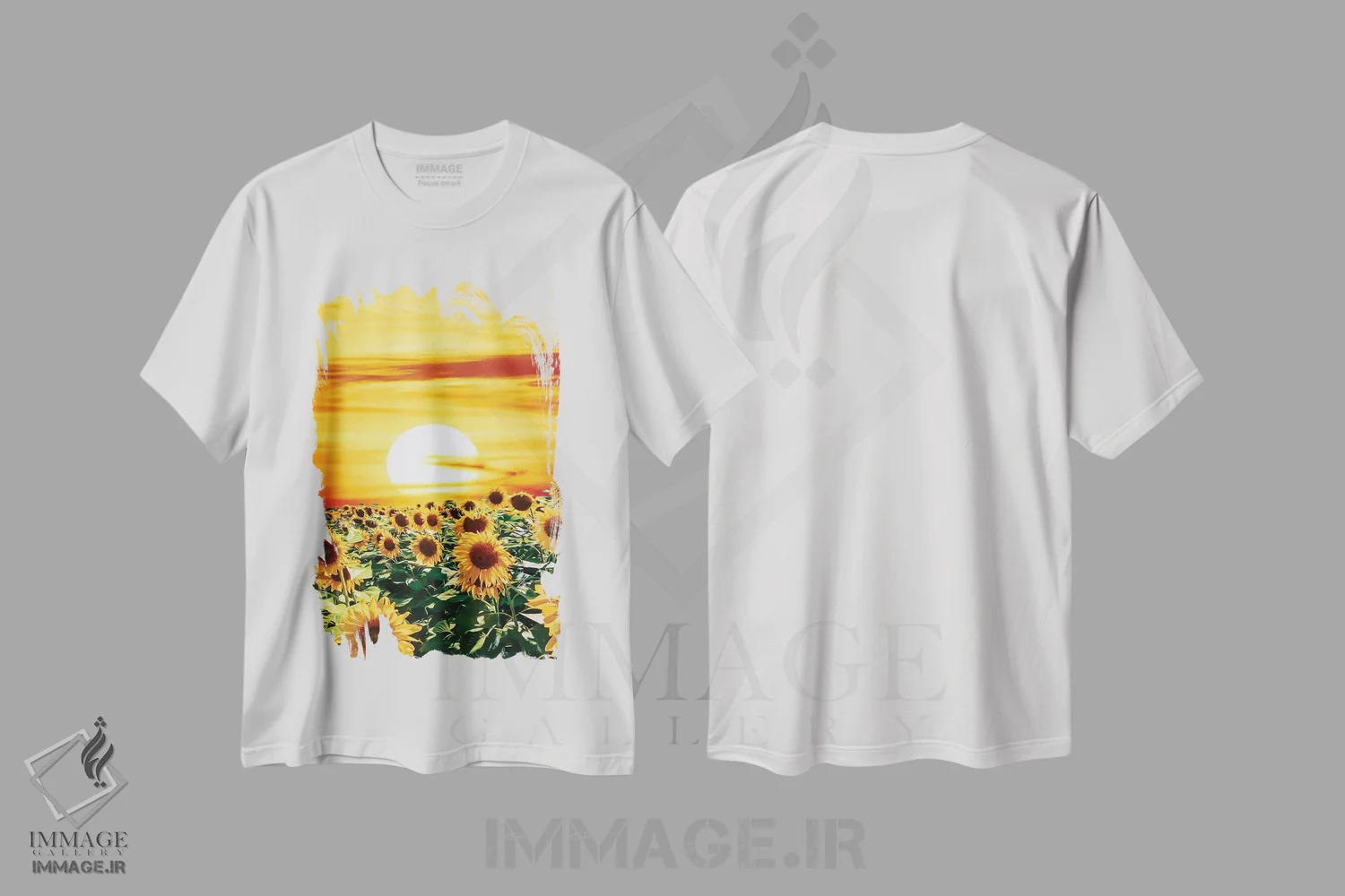 تیشرت سفید طرح دار مزرعه آفتابگردان در هنگام غروب، تزئینی اثر ایوجنیا بیدیوک | فروشگاه ایماژ
