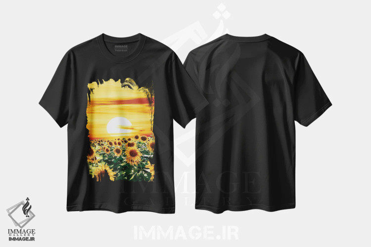 تیشرت مشکی طرح دار مزرعه آفتابگردان در هنگام غروب، تزئینی اثر ایوجنیا بیدیوک | immage.ir