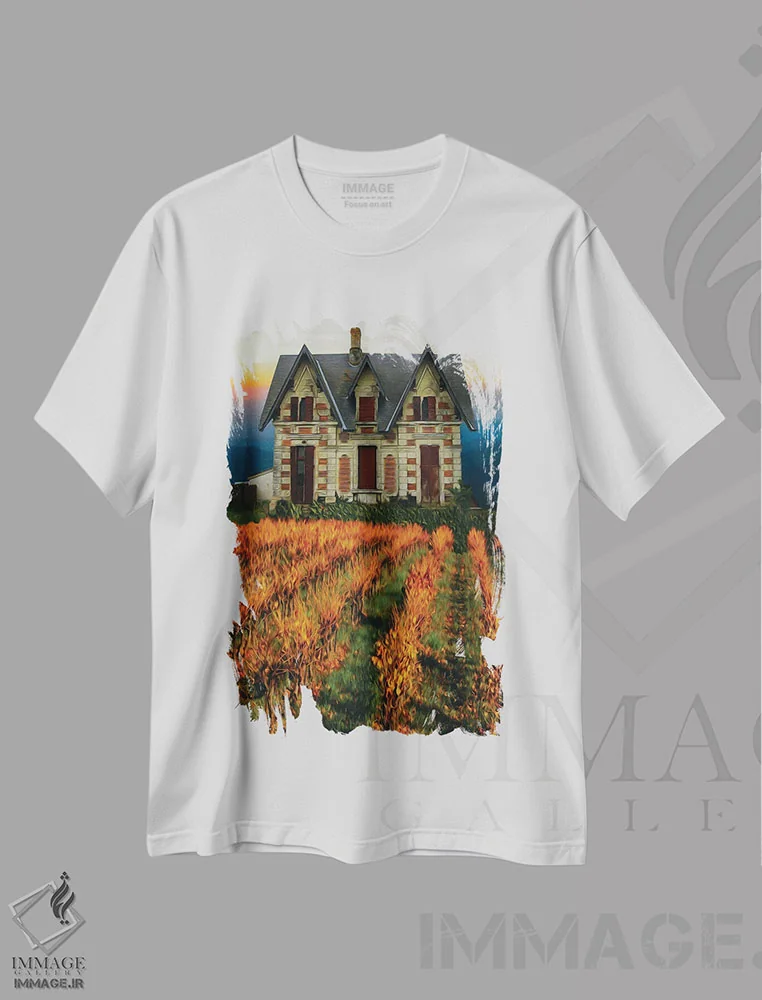 تیشرت سفید طرح دار تاکستان پاییزی نزدیک یک عمارت قدیمی، تزئینی اثر ایوجنیا بیدیوک | immage.ir