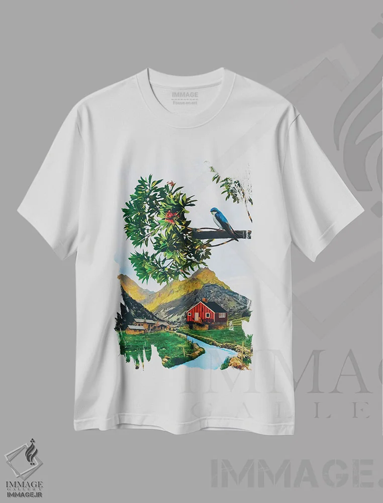 تیشرت سفید طرح دار پرستویی روی شاخه، دکور کلبه و لژ اثر ایوجنیا بیدیوک | فروشگاه ایماژ