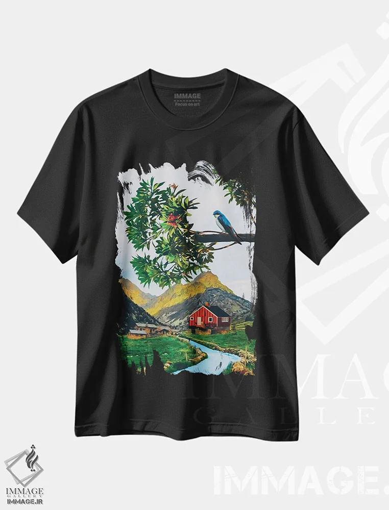 تیشرت مشکی طرح دار پرستویی روی شاخه، دکور کلبه و لژ اثر ایوجنیا بیدیوک | immage.ir