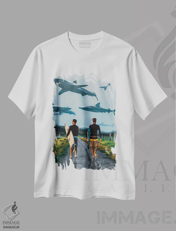 تیشرت سفید طرح دار موج سواران و کوسه ها، تزئینی اثر ایوجنیا بیدیوک | immage.ir