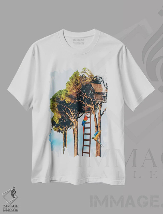 تیشرت سفید طرح دار طوطی ها و خانه درختی، تزئینی اثر ایوجنیا بیدیوک | فروشگاه ایماژ