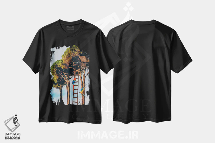 تیشرت مشکی طرح دار طوطی ها و خانه درختی، تزئینی اثر ایوجنیا بیدیوک | immage.ir