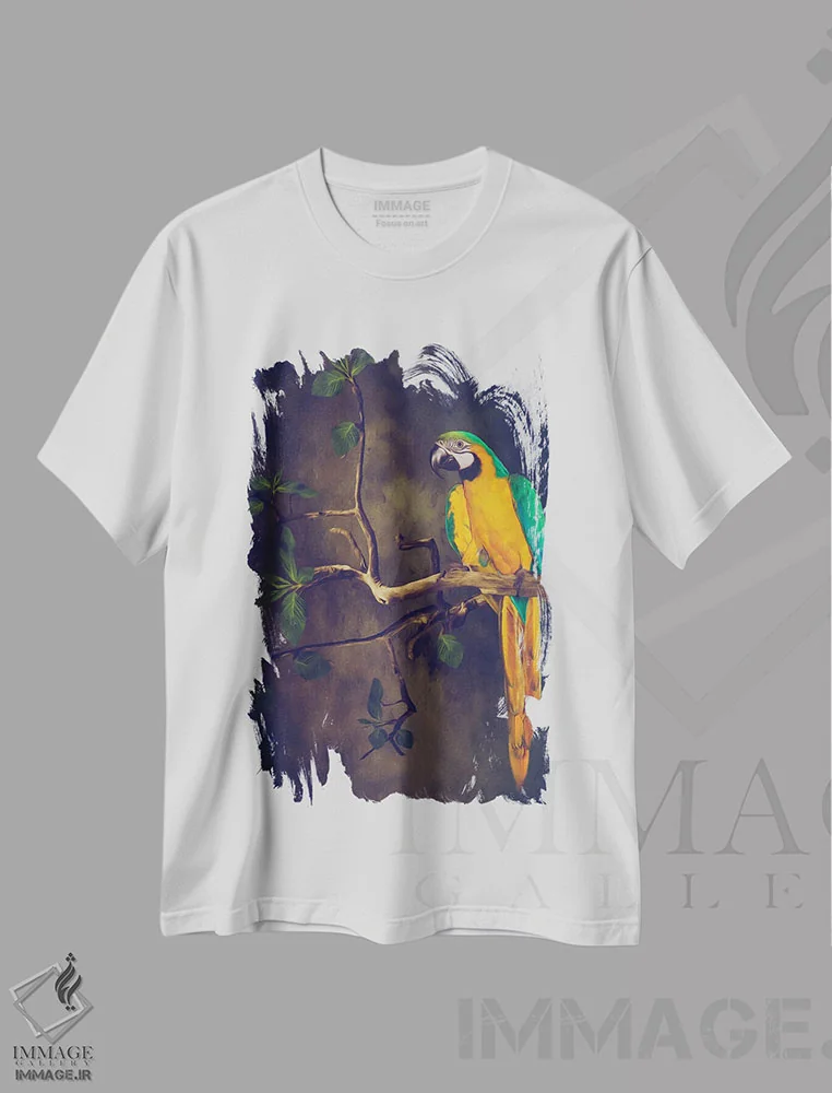 تیشرت سفید طرح دار مکائوی آبی و زرد، تزئینی اثر ایوجنیا بیدیوک | فروشگاه ایماژ