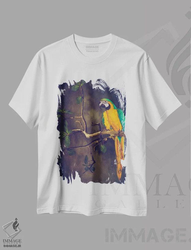 تیشرت سفید طرح دار مکائوی آبی و زرد، تزئینی اثر ایوجنیا بیدیوک | فروشگاه ایماژ