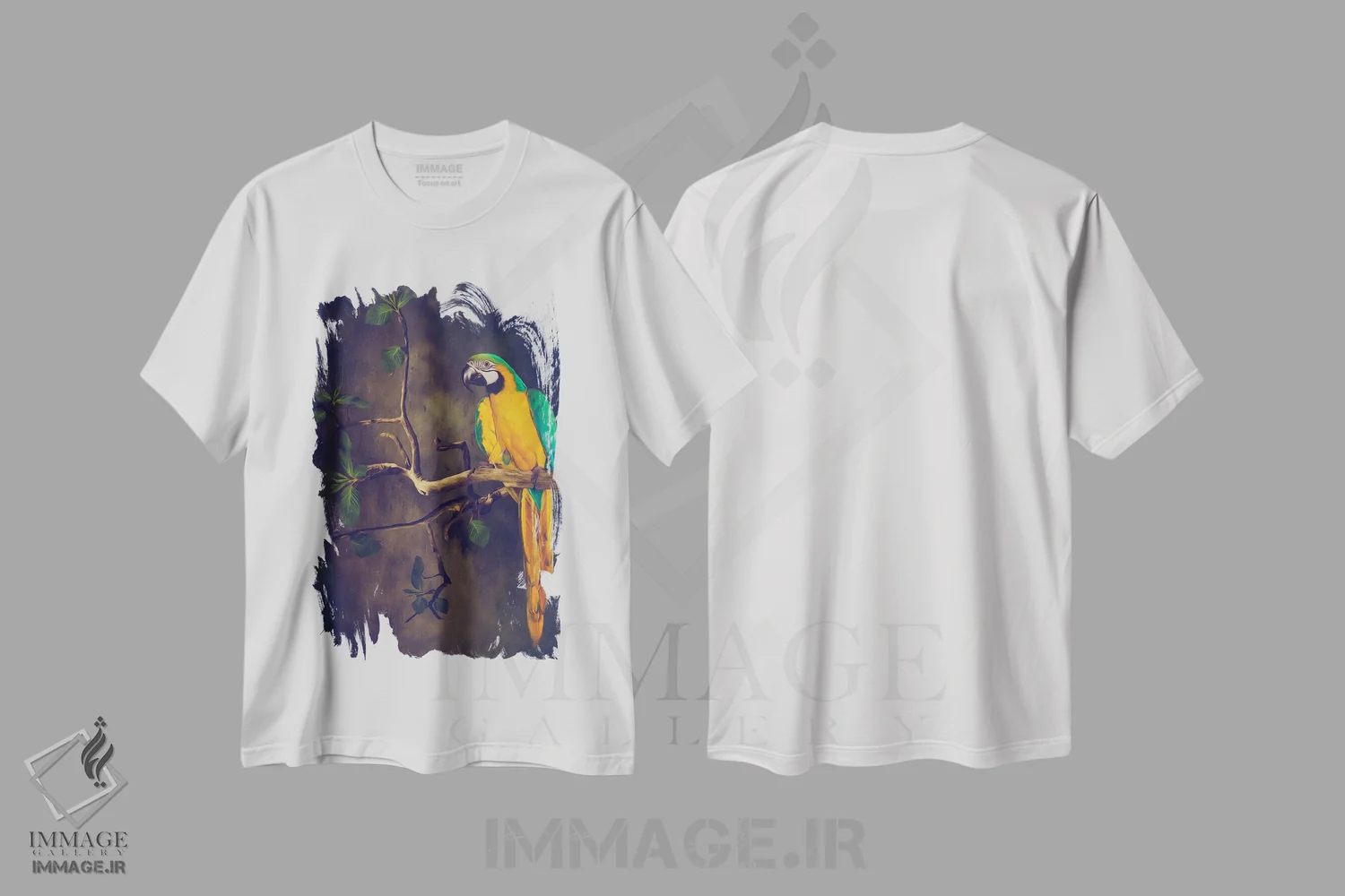 تیشرت سفید طرح دار مکائوی آبی و زرد، تزئینی اثر ایوجنیا بیدیوک | فروشگاه ایماژ