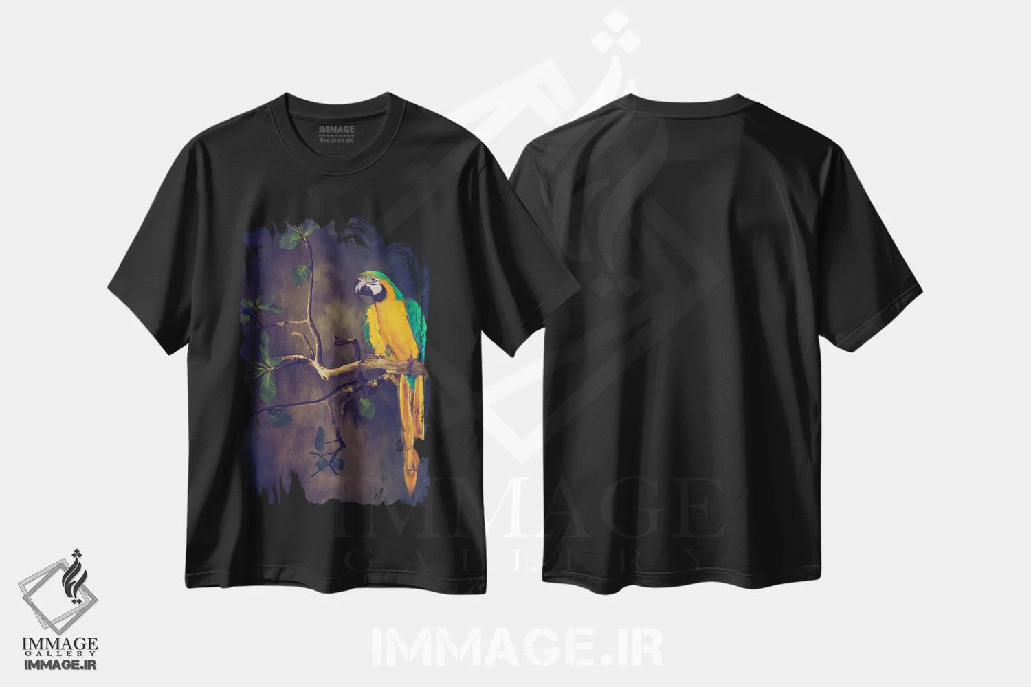 تیشرت مشکی طرح دار مکائوی آبی و زرد، تزئینی اثر ایوجنیا بیدیوک | immage.ir