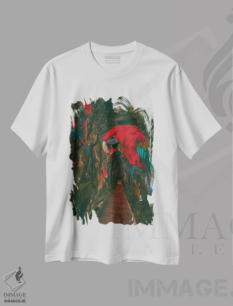 تیشرت سفید طرح دار مسیر جنگل بارانی با طوطی ها، تزئینی اثر ایوجنیا بیدیوک | فروشگاه ایماژ