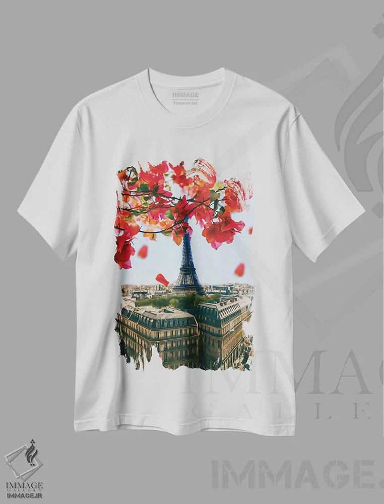 تیشرت سفید طرح دار شاخه ای از گلدار بوگنویلیا بر فراز پاریس، تزئینی اثر ایوجنیا بیدیوک | immage.ir