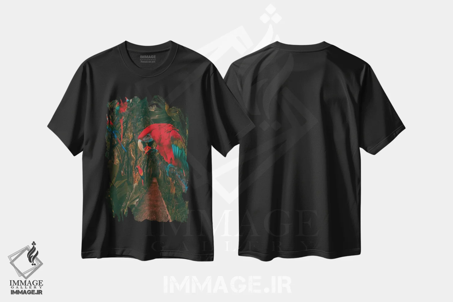 تیشرت مشکی طرح دار مسیر جنگل بارانی با طوطی ها، تزئینی اثر ایوجنیا بیدیوک | immage.ir