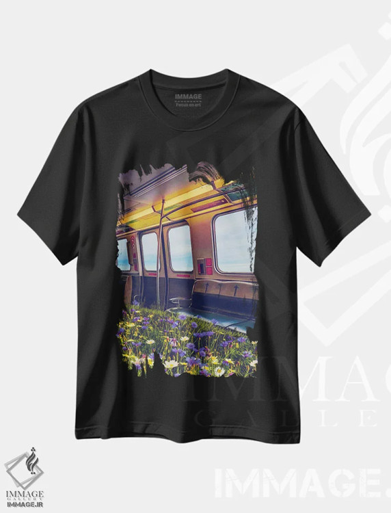 تیشرت مشکی طرح دار رشد گل های وحشی در واگن مترو، تزئینی اثر ایوجنیا بیدیوک | فروشگاه ایماژ