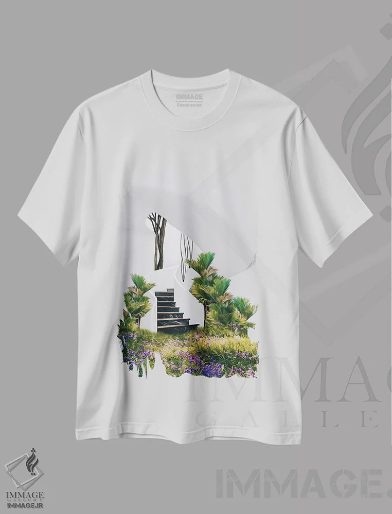 تیشرت سفید طرح دار چمنزار گل ها و گیاهان استوایی در خانه ای با پله، تزئینی اثر ایوجنیا بیدیوک | فروشگاه ایماژ