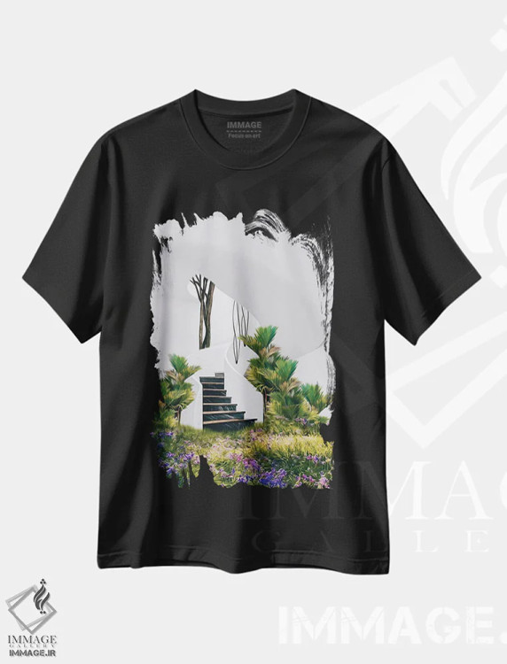 تیشرت مشکی طرح دار چمنزار گل ها و گیاهان استوایی در خانه ای با پله، تزئینی اثر ایوجنیا بیدیوک | immage.ir
