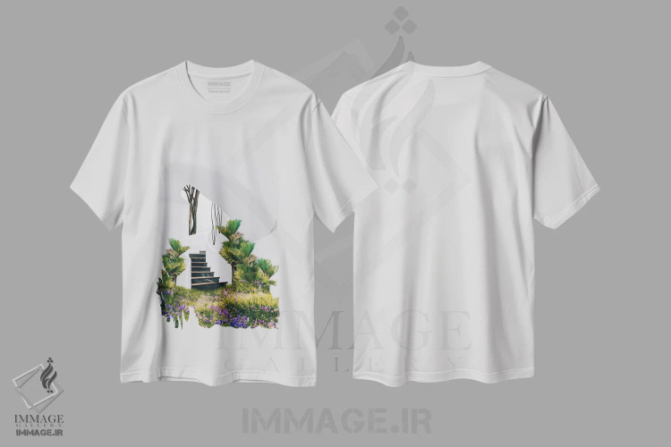 تیشرت سفید طرح دار چمنزار گل ها و گیاهان استوایی در خانه ای با پله، تزئینی اثر ایوجنیا بیدیوک | فروشگاه ایماژ