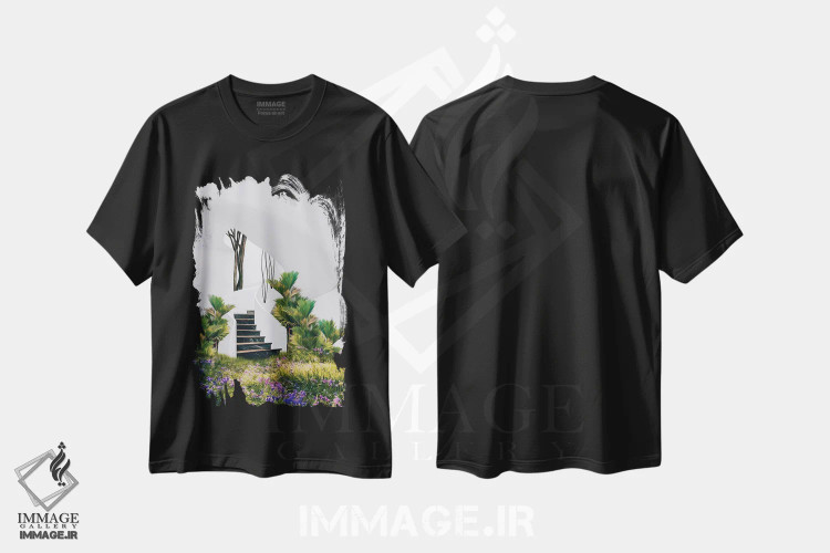 تیشرت مشکی طرح دار چمنزار گل ها و گیاهان استوایی در خانه ای با پله، تزئینی اثر ایوجنیا بیدیوک | immage.ir