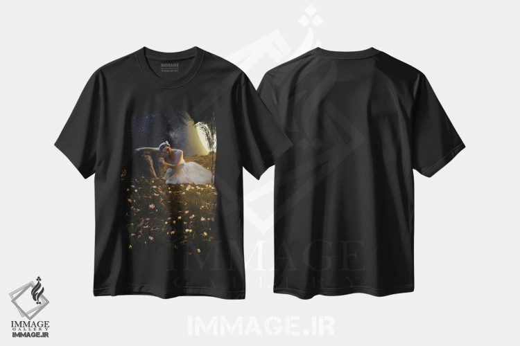 تیشرت مشکی طرح دار رقاص باله در چمنزار گل ها زیر ماه بزرگ، تزئینی اثر ایوجنیا بیدیوک | immage.ir