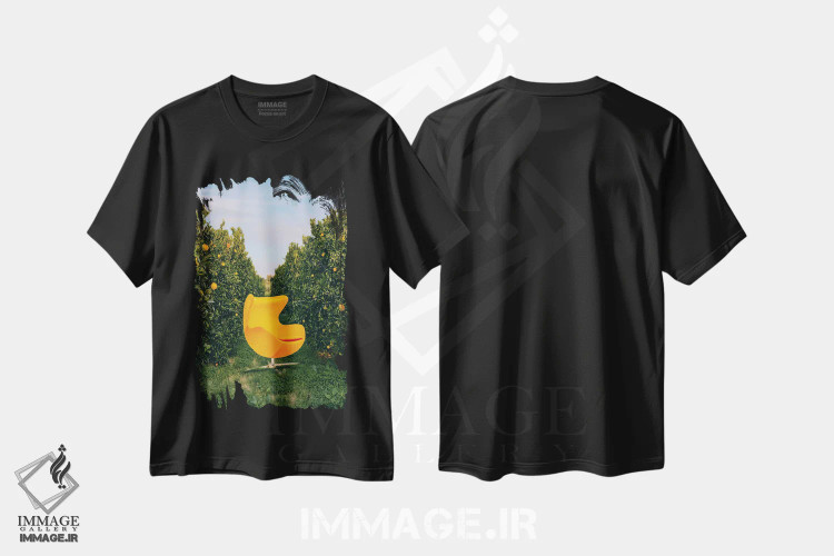 تیشرت مشکی طرح دار صندلی نارنجی در باغ پرتقال، عکاسی ترکیبی اثر ایوجنیا بیدیوک | فروشگاه ایماژ