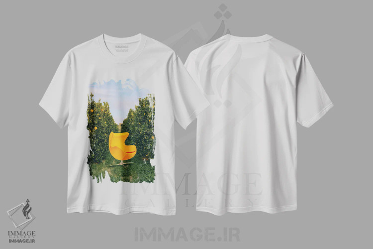 تیشرت سفید طرح دار صندلی نارنجی در باغ پرتقال، عکاسی ترکیبی اثر ایوجنیا بیدیوک | immage.ir