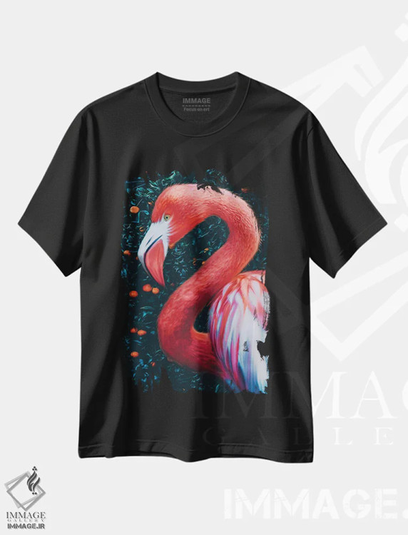تیشرت مشکی طرح دار فلامینگوها در باغ نارنگی، عکاسی ترکیبی اثر ایوجنیا بیدیوک | فروشگاه ایماژ