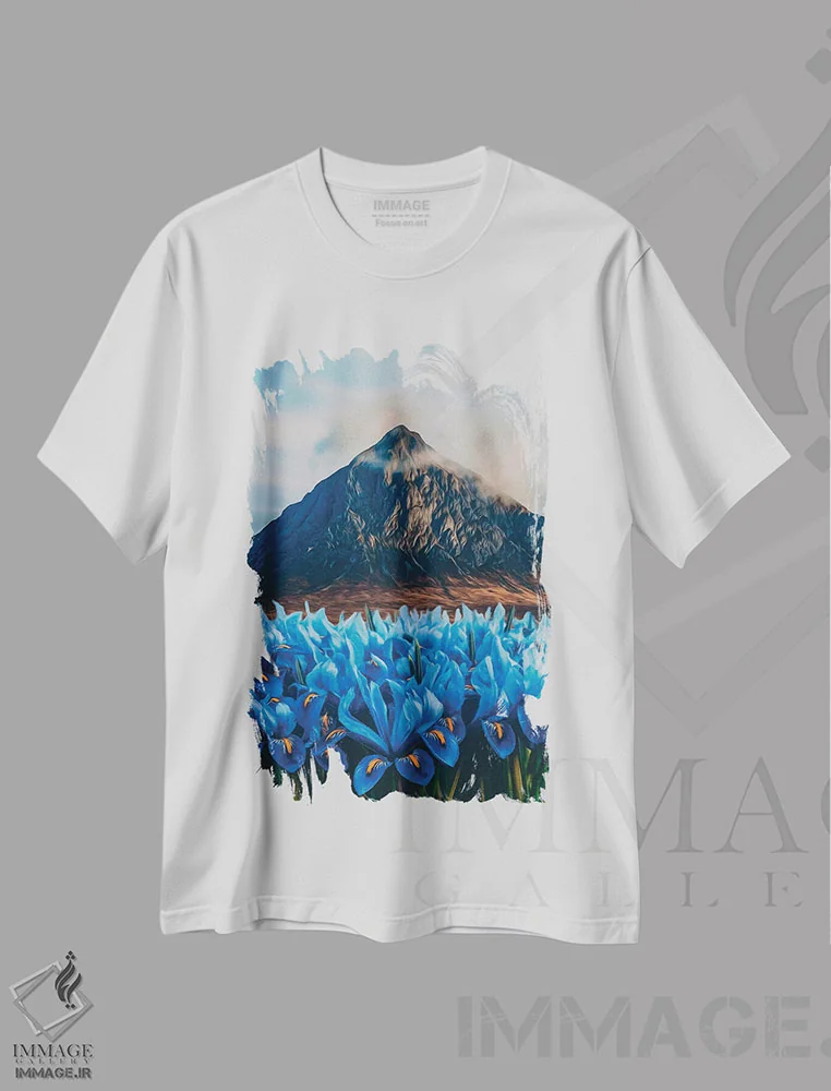 تیشرت سفید طرح دار زنبق های شکوفا کنار آتشفشان، عکاسی ترکیبی اثر ایوجنیا بیدیوک | فروشگاه ایماژ