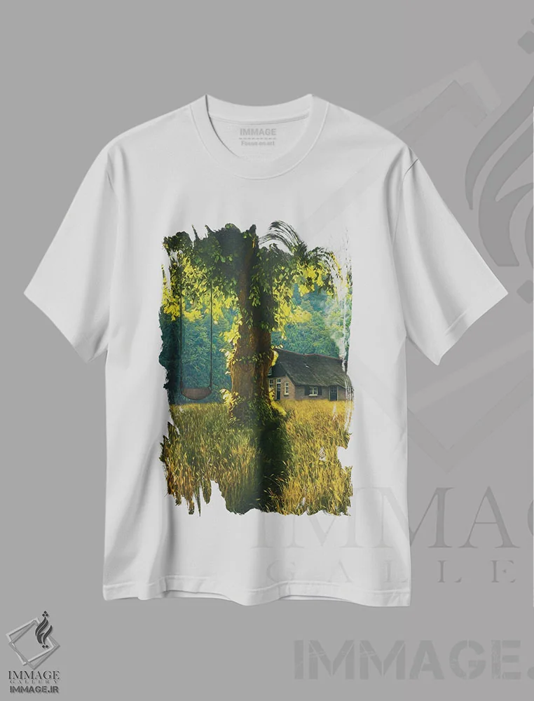 تیشرت سفید طرح دار منظره ای با خانه ای در چمنزار و درخت بزرگی با تاب، تزئینی اثر ایوجنیا بیدیوک | immage.ir