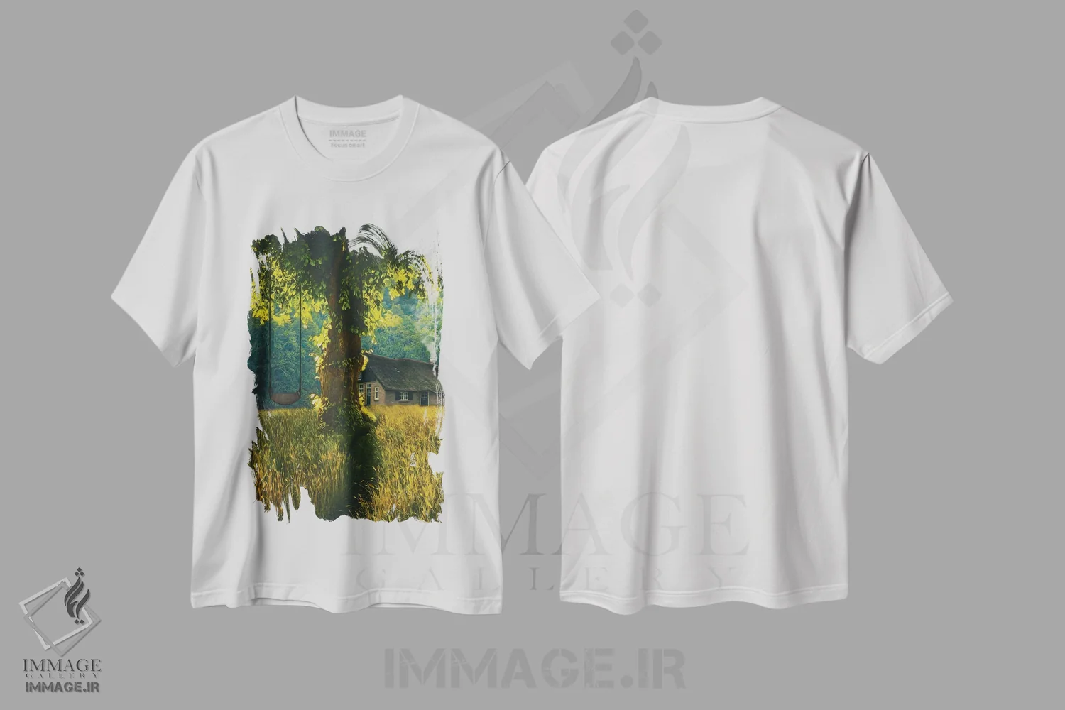 تیشرت سفید طرح دار منظره ای با خانه ای در چمنزار و درخت بزرگی با تاب، تزئینی اثر ایوجنیا بیدیوک | immage.ir