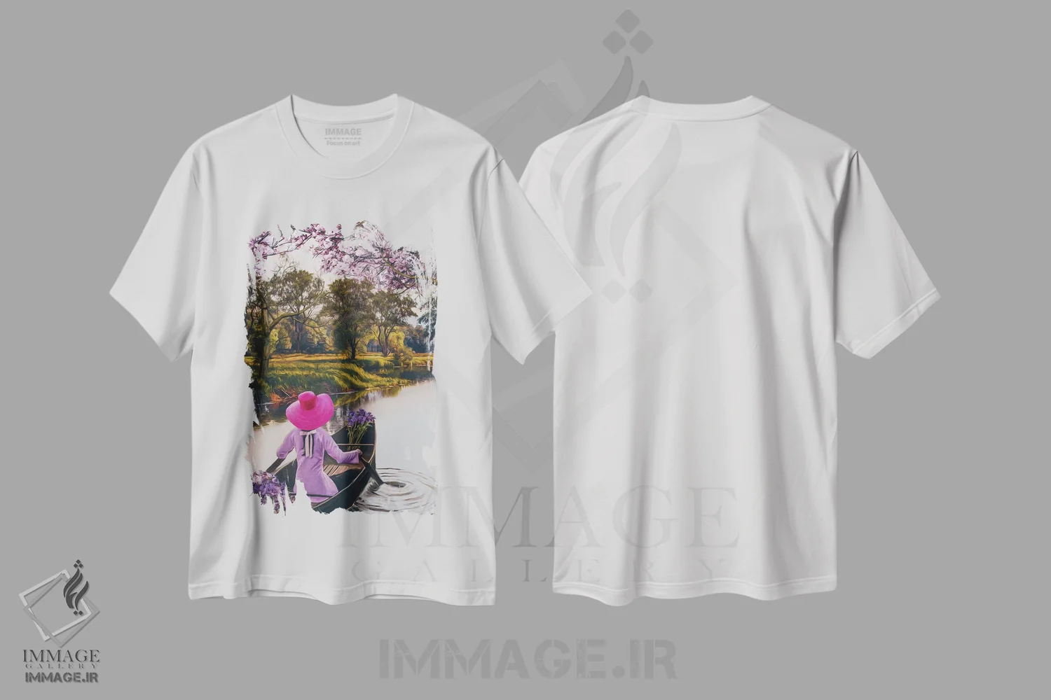 تیشرت سفید طرح دار دختری با کلاه صورتی و گل ها، تزئینی اثر ایوجنیا بیدیوک | فروشگاه ایماژ