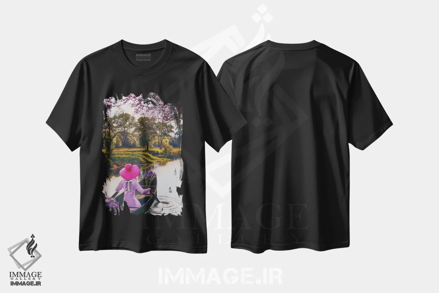 تیشرت مشکی طرح دار دختری با کلاه صورتی و گل ها، تزئینی اثر ایوجنیا بیدیوک | immage.ir
