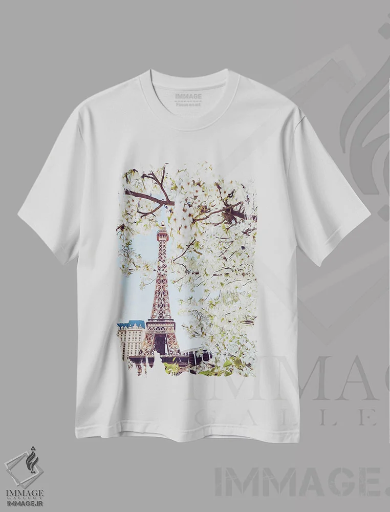 تیشرت سفید طرح دار شکوفه های گیلاس پاریس، تزئینی اثر ایوجنیا بیدیوک | immage.ir
