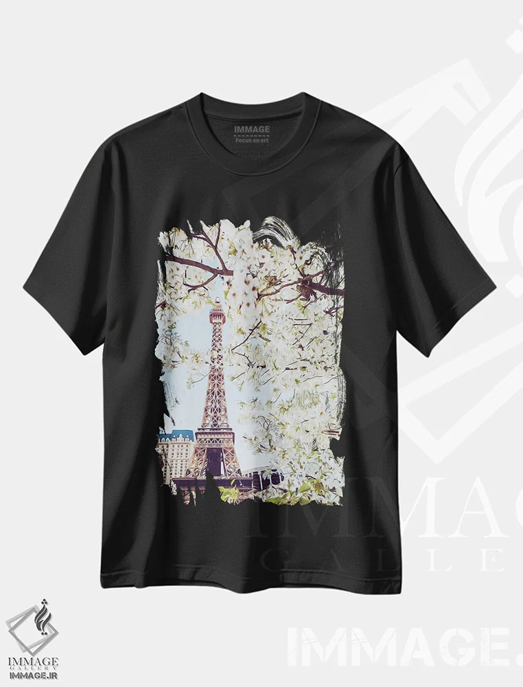 تیشرت مشکی طرح دار شکوفه های گیلاس پاریس، تزئینی اثر ایوجنیا بیدیوک | فروشگاه ایماژ