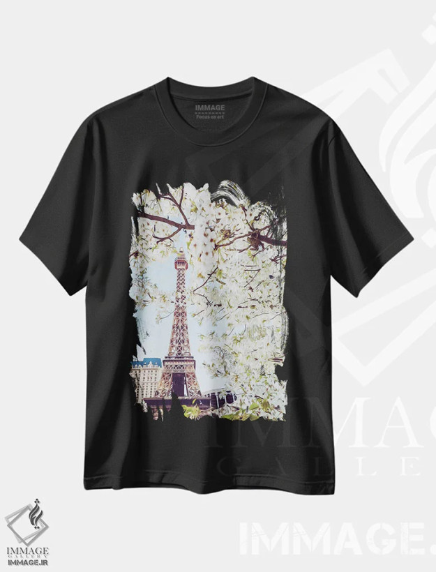 تیشرت مشکی طرح دار شکوفه های گیلاس پاریس، تزئینی اثر ایوجنیا بیدیوک | فروشگاه ایماژ