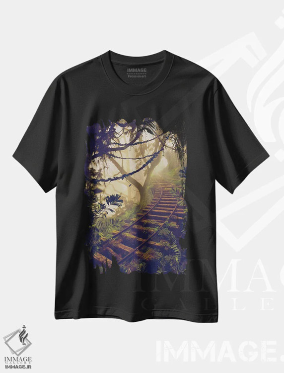 تیشرت مشکی طرح دار خط آهن در مناطق گرمسیری، تزئینی اثر ایوجنیا بیدیوک | immage.ir