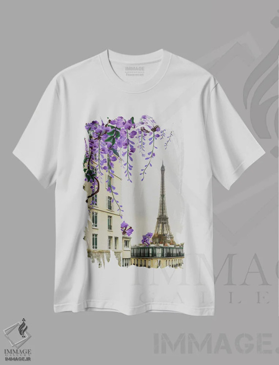 تیشرت سفید طرح دار شکوفه های پیچ گلیسین بر پس زمینه پاریس، تزئینی اثر ایوجنیا بیدیوک | immage.ir