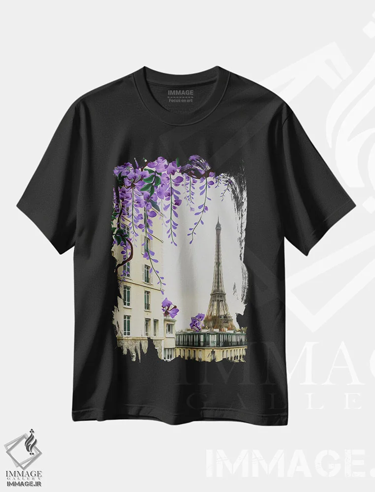 تیشرت مشکی طرح دار شکوفه های پیچ گلیسین بر پس زمینه پاریس، تزئینی اثر ایوجنیا بیدیوک | فروشگاه ایماژ