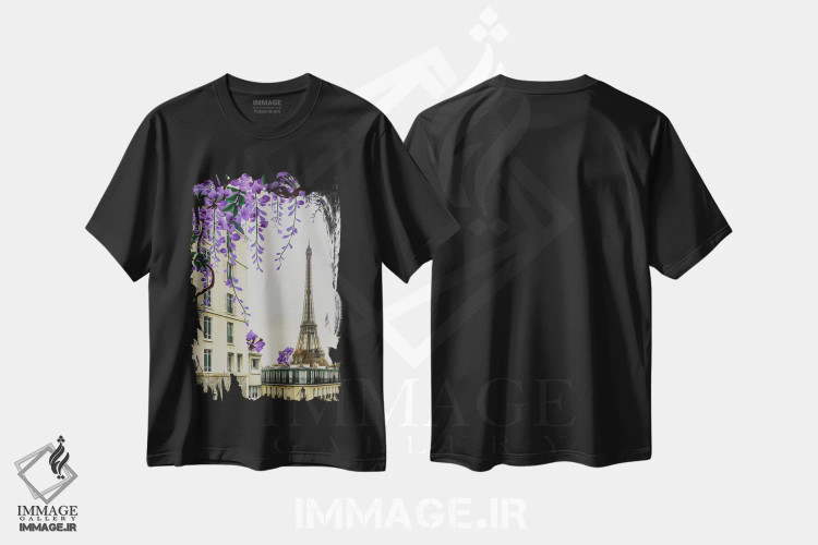 تیشرت مشکی طرح دار شکوفه های پیچ گلیسین بر پس زمینه پاریس، تزئینی اثر ایوجنیا بیدیوک | فروشگاه ایماژ