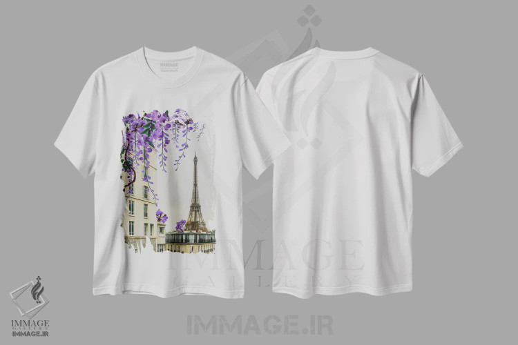 تیشرت سفید طرح دار شکوفه های پیچ گلیسین بر پس زمینه پاریس، تزئینی اثر ایوجنیا بیدیوک | immage.ir