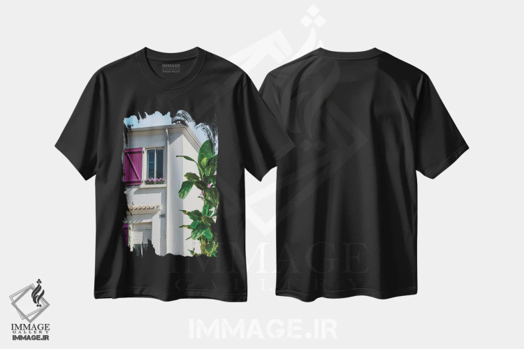 تیشرت مشکی طرح دار خانه ای با کرکره های صورتی در شهر قدیمی، تزئینی اثر ایوجنیا بیدیوک | immage.ir