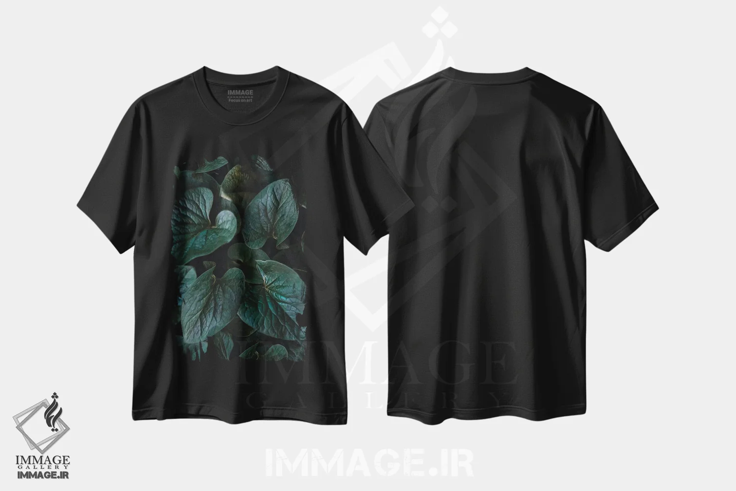 تیشرت مشکی طرح دار پس زمینه ای با برگ های بنفشه وحشی، هنر دیجیتال اثر ایوجنیا بیدیوک | فروشگاه ایماژ