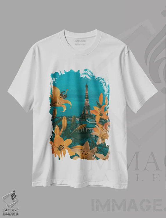تیشرت سفید طرح دار سوسن های شکوفا بر پس زمینه پاریس در غروب، هنر دیجیتال اثر ایوجنیا بیدیوک | فروشگاه ایماژ