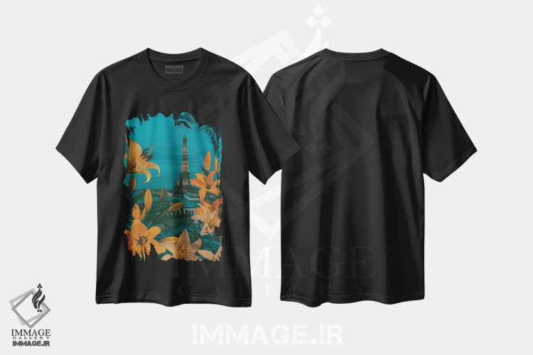 تیشرت مشکی طرح دار سوسن های شکوفا بر پس زمینه پاریس در غروب، هنر دیجیتال اثر ایوجنیا بیدیوک | immage.ir