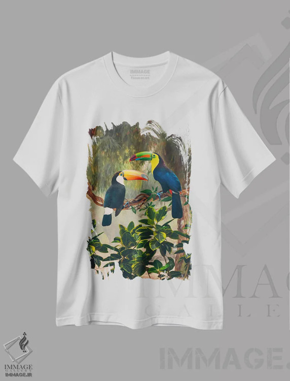 تیشرت سفید طرح دار دو توکان آفریقایی روی شاخه، تزئینی اثر ایوجنیا بیدیوک | فروشگاه ایماژ