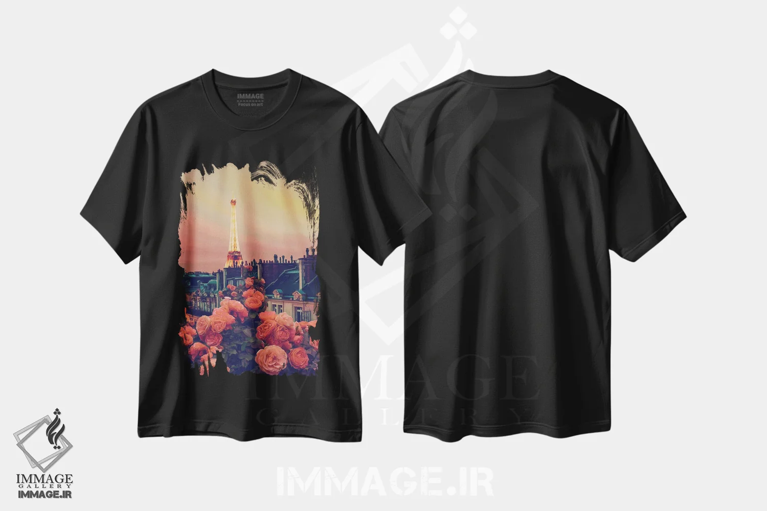 تیشرت مشکی طرح دار گل های بالکن بر پس زمینه پاریس در غروب، تزئینی اثر ایوجنیا بیدیوک | فروشگاه ایماژ