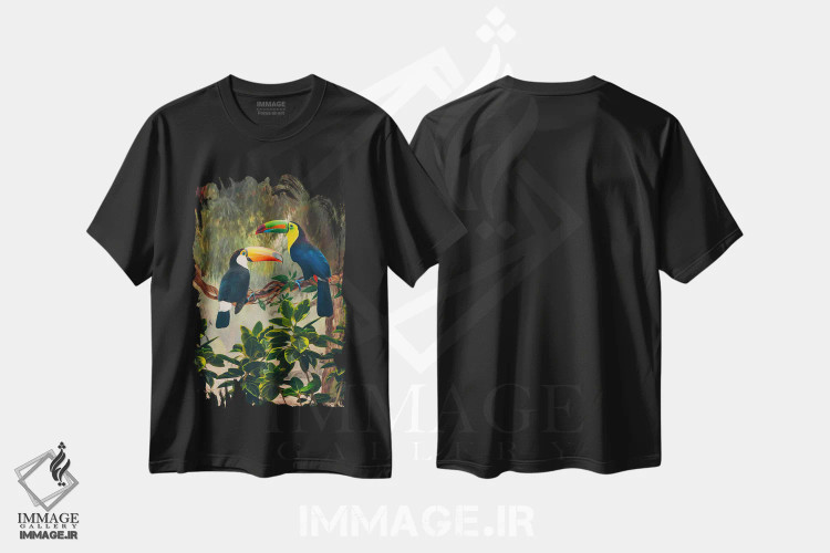 تیشرت مشکی طرح دار دو توکان آفریقایی روی شاخه، تزئینی اثر ایوجنیا بیدیوک | immage.ir