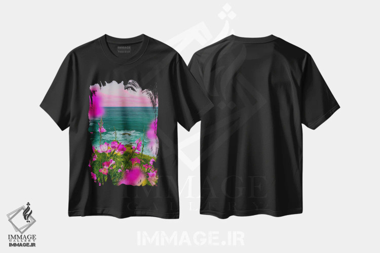 تیشرت مشکی طرح دار فریزیا صورتی شکوفا بر تپه ای در کنار دریا، تزئینی اثر ایوجنیا بیدیوک | immage.ir